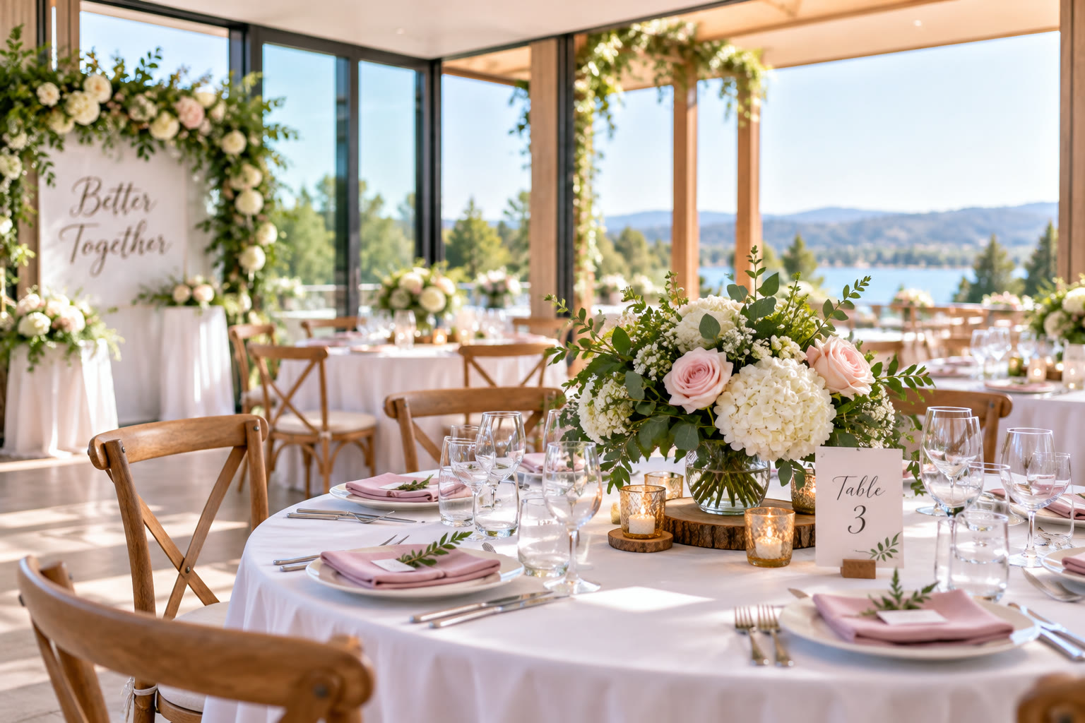 A bright wedding reception table with florals, Table 3, and a lake view