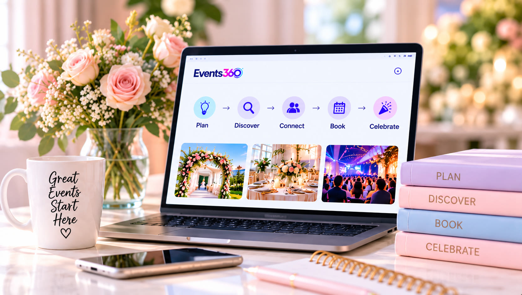 A desk with a laptop showing Events360, flowers, a mug, and planner books
