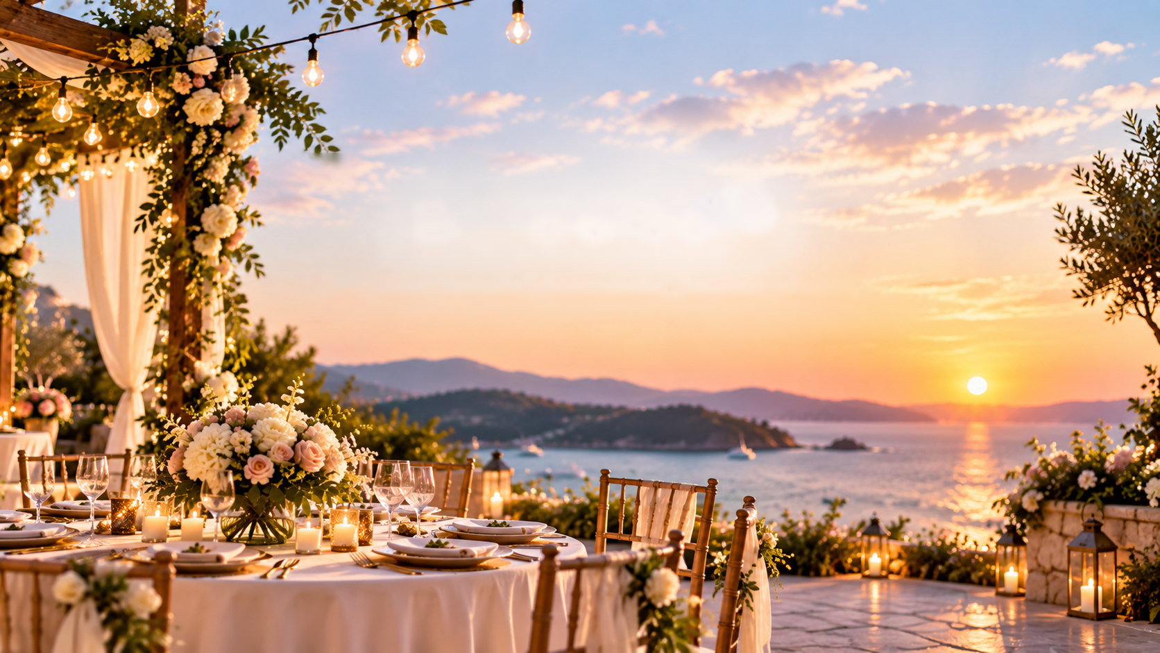 Golden-hour coastal terrace wedding with roses, a floral pergola, string lights, and ocean sunset
